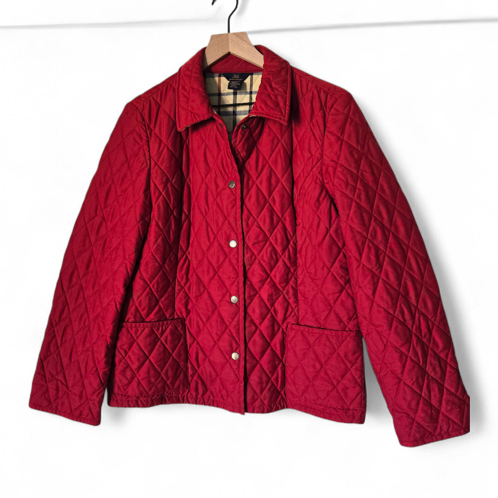 Brooks Brothers Red Quilted Jacket Plaid Lined Snap Front Size 12